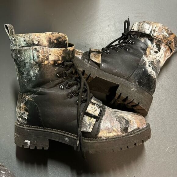 Size 9 Black Gold Upcycled HydroDipped Combat Boots - Picture 1 of 7